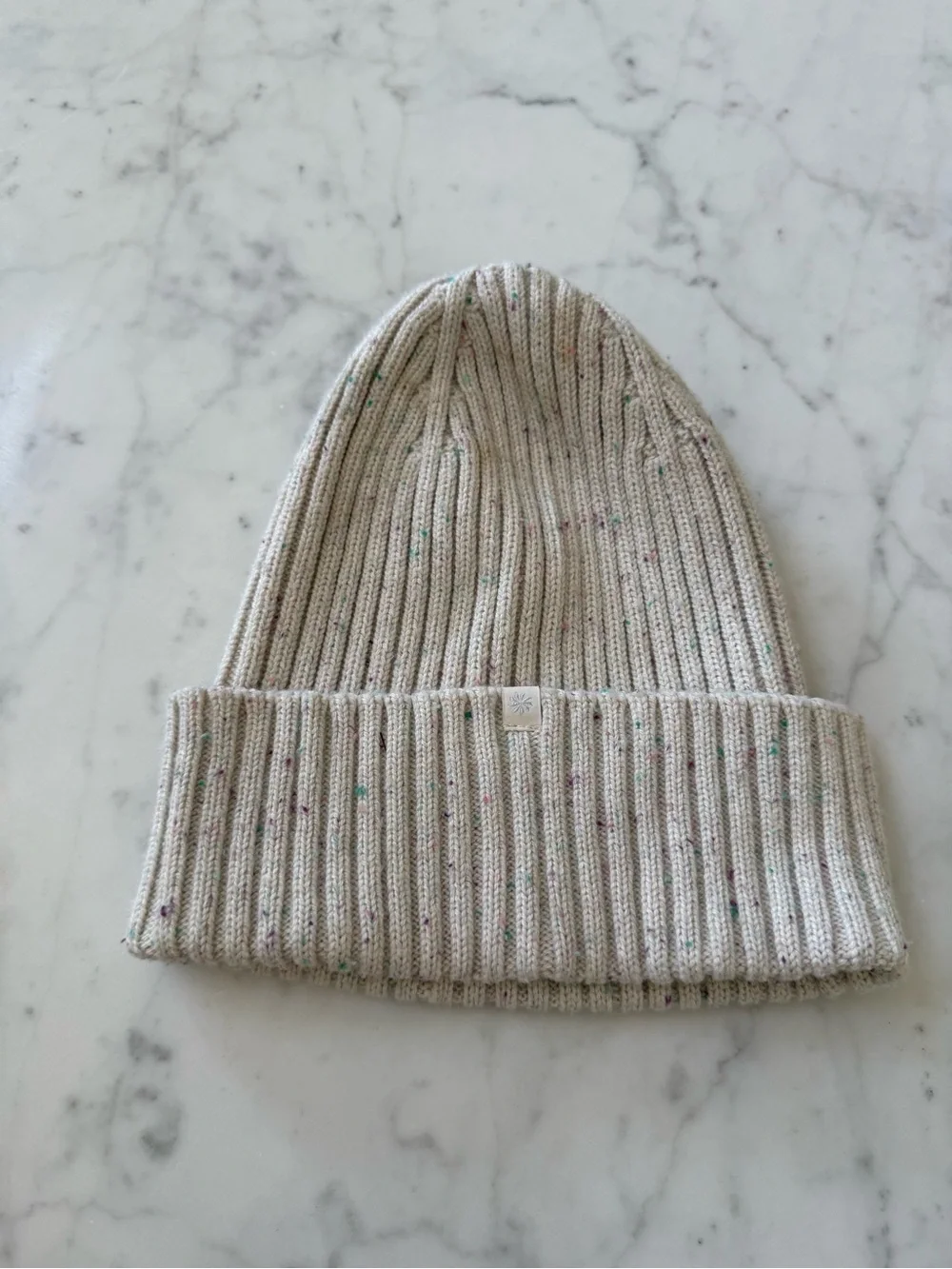 Athleta Girl Cream Speckled Knit Beanie Winter Hat Cozy Ribbed Cap